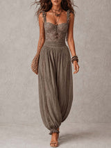 Nieves | Completo di bandeau in pizzo grigio e pantaloni harem in cotone plissettati per Donna
