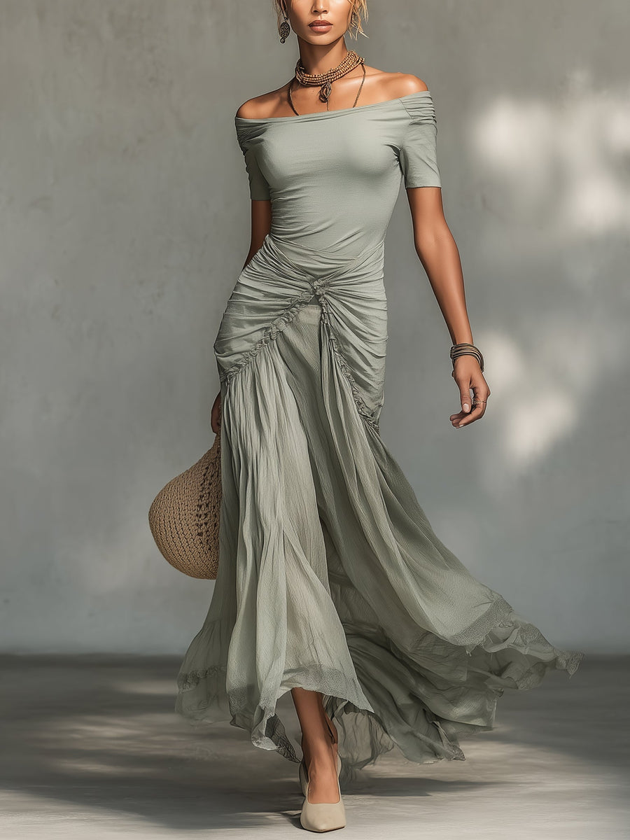 Clara - Abito Maxi in Tessuto Elasticizzato e Chiffon Grigio per Donna