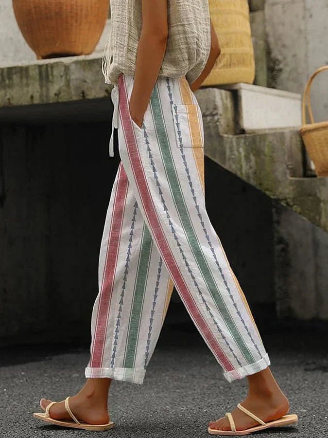 Linda - Pantaloni casual da donna con stampa rétro a righe e taglio largo