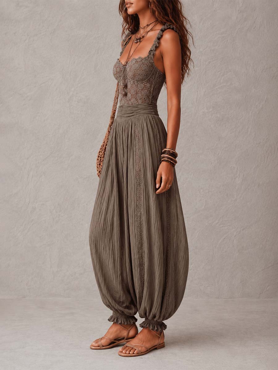 Nieves | Completo di bandeau in pizzo grigio e pantaloni harem in cotone plissettati per Donna