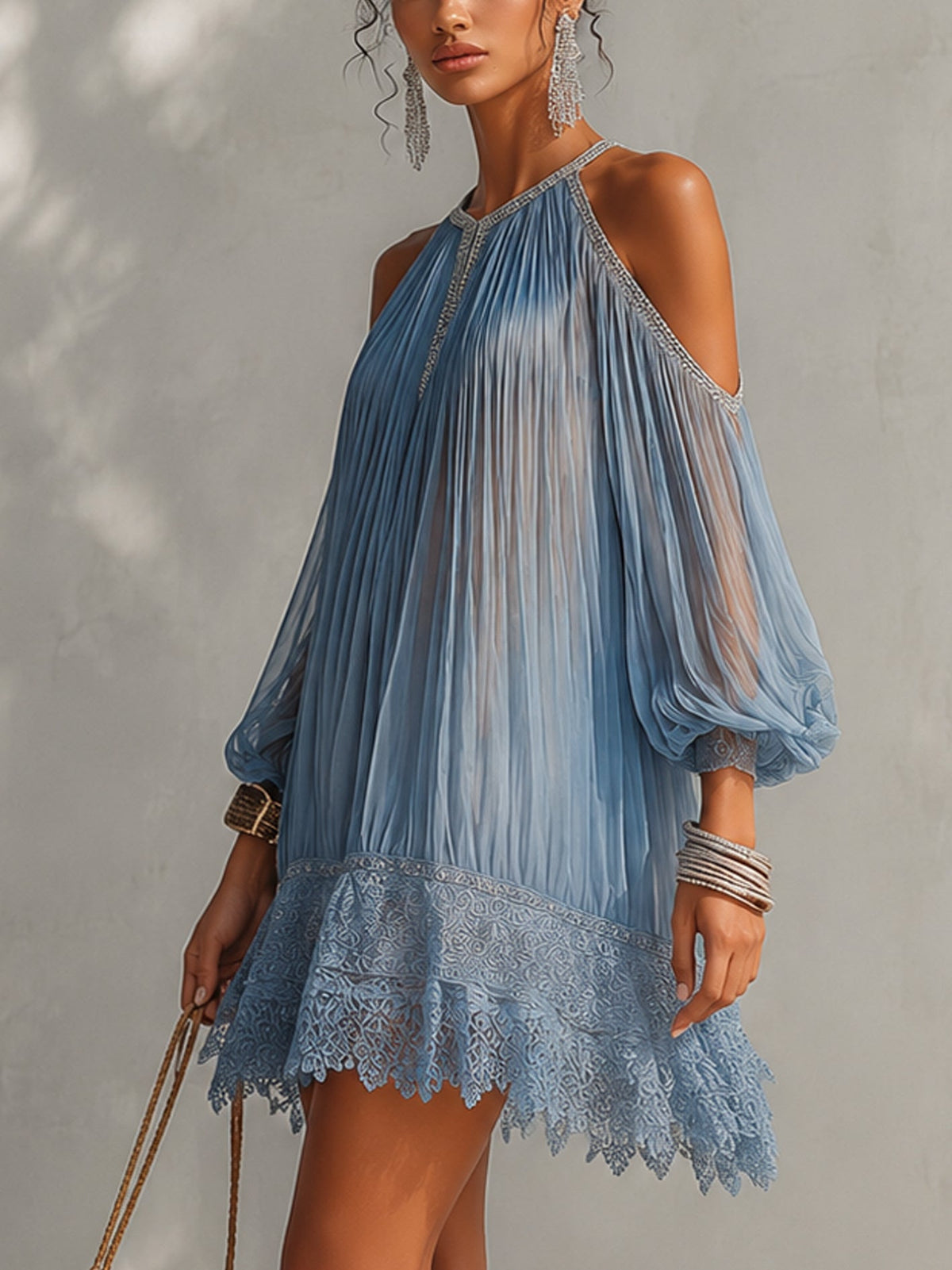 Soffia - Abito Mini Blu Off-Shoulder con Rouches e Orlo in Pizzo per Donna