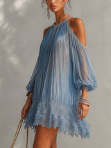 Soffia - Abito Mini Blu Off-Shoulder con Rouches e Orlo in Pizzo per Donna