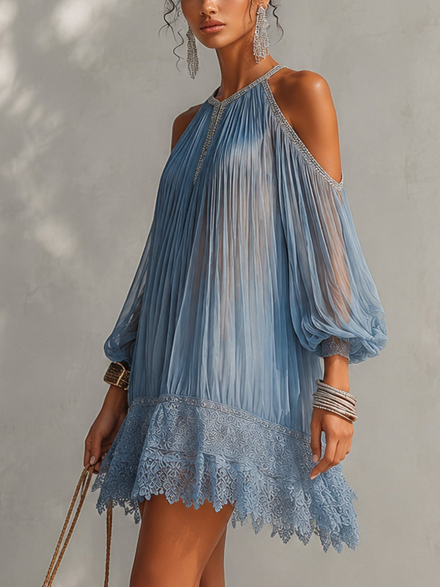 Soffia - Abito Mini Blu Off-Shoulder con Rouches e Orlo in Pizzo per Donna