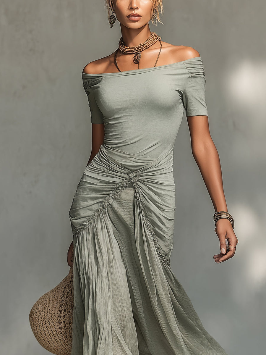Clara - Abito Maxi in Tessuto Elasticizzato e Chiffon Grigio per Donna