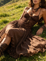 Natalia - Abito Maxi in Chiffon con Pannelli in Pizzo Marrone Scuro per Donna