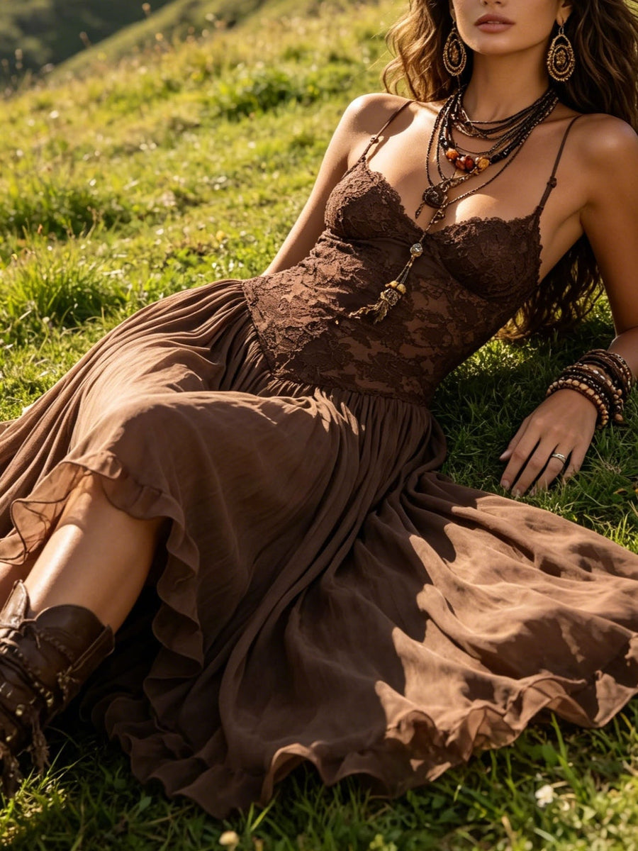 Natalia - Abito Maxi in Chiffon con Pannelli in Pizzo Marrone Scuro per Donna