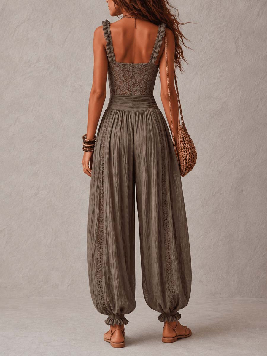 Nieves | Completo di bandeau in pizzo grigio e pantaloni harem in cotone plissettati per Donna