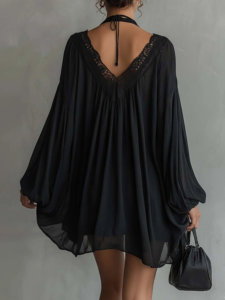 Laura - Abito Mini em Chiffon Nero con Decote di Pizzo da donna