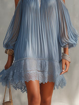 Soffia - Abito Mini Blu Off-Shoulder con Rouches e Orlo in Pizzo per Donna