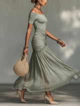Clara - Abito Maxi in Tessuto Elasticizzato e Chiffon Grigio per Donna