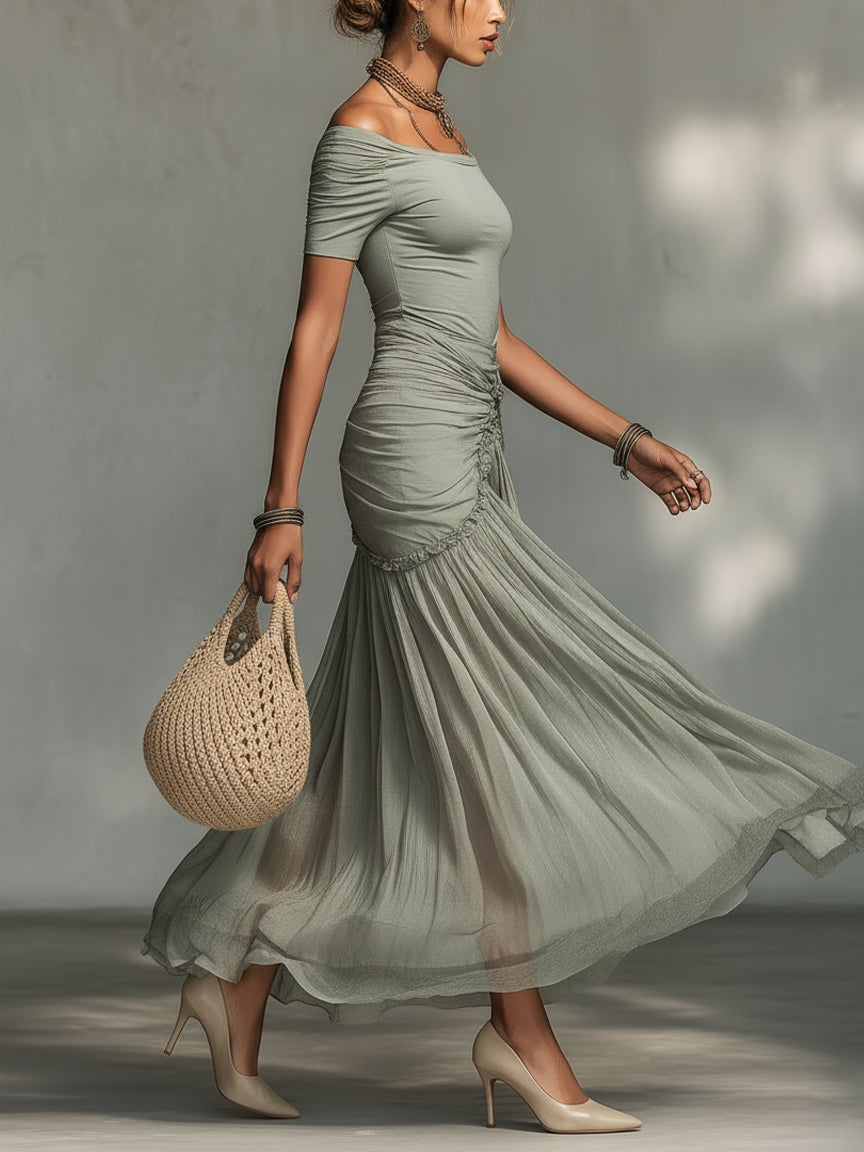 Clara - Abito Maxi in Tessuto Elasticizzato e Chiffon Grigio per Donna