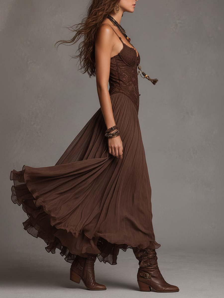 Natalia - Abito Maxi in Chiffon con Pannelli in Pizzo Marrone Scuro per Donna