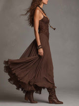 Natalia - Abito Maxi in Chiffon con Pannelli in Pizzo Marrone Scuro per Donna