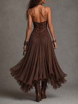 Natalia - Abito Maxi in Chiffon con Pannelli in Pizzo Marrone Scuro per Donna