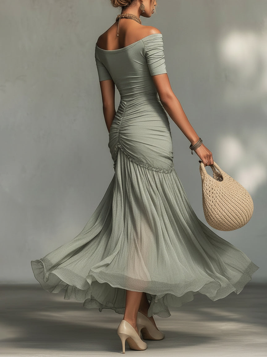 Clara - Abito Maxi in Tessuto Elasticizzato e Chiffon Grigio per Donna