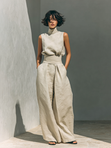 Aida - Set di Blusa Sem Maniche Pantaloni di Perna Larga in Cotone Lino Minimalista da donna