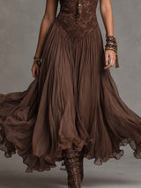 Natalia - Abito Maxi in Chiffon con Pannelli in Pizzo Marrone Scuro per Donna