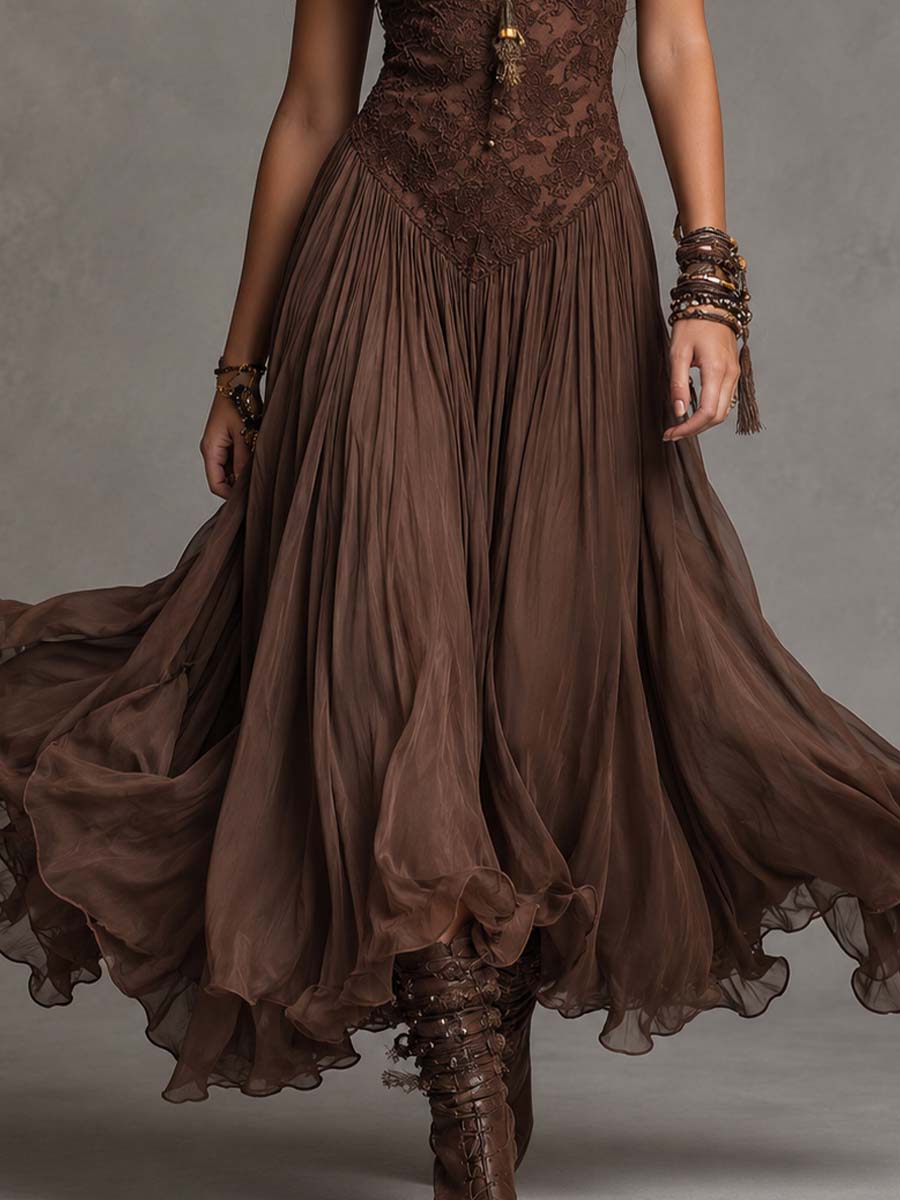 Natalia - Abito Maxi in Chiffon con Pannelli in Pizzo Marrone Scuro per Donna
