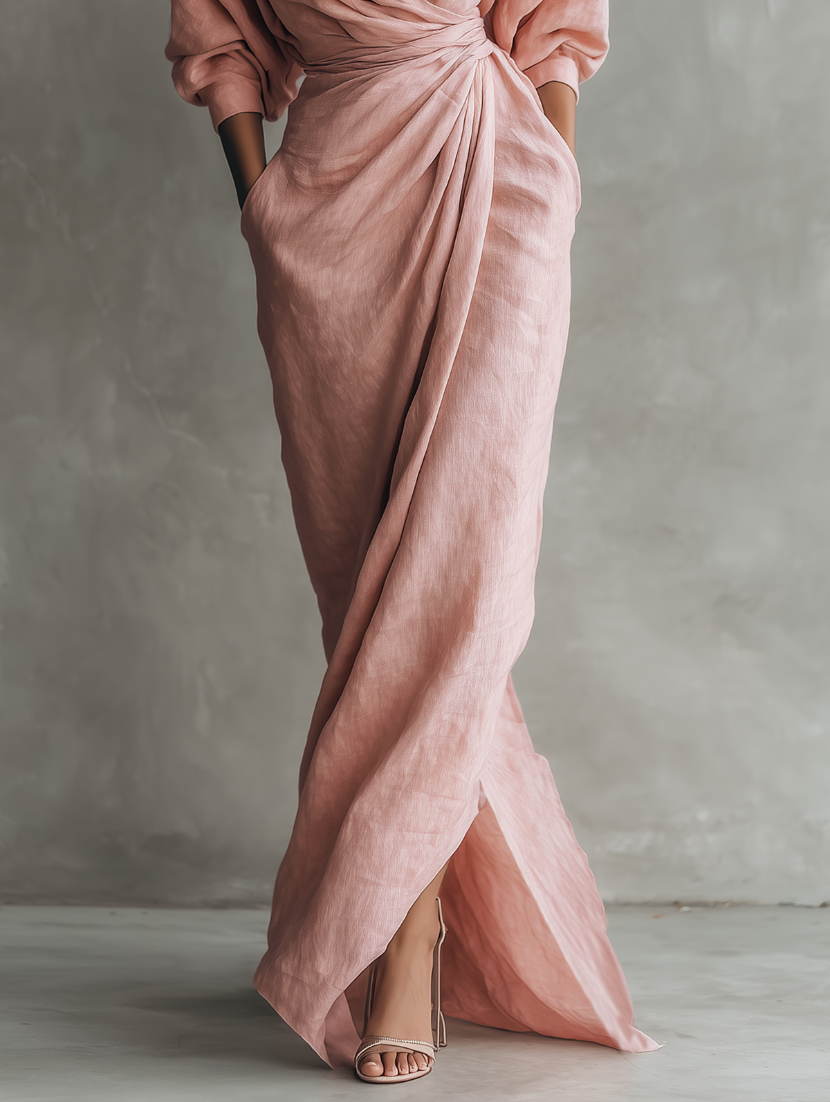 Rosa - Abito Maxi Minimalista con scollo a V em mistura di Linho da donna