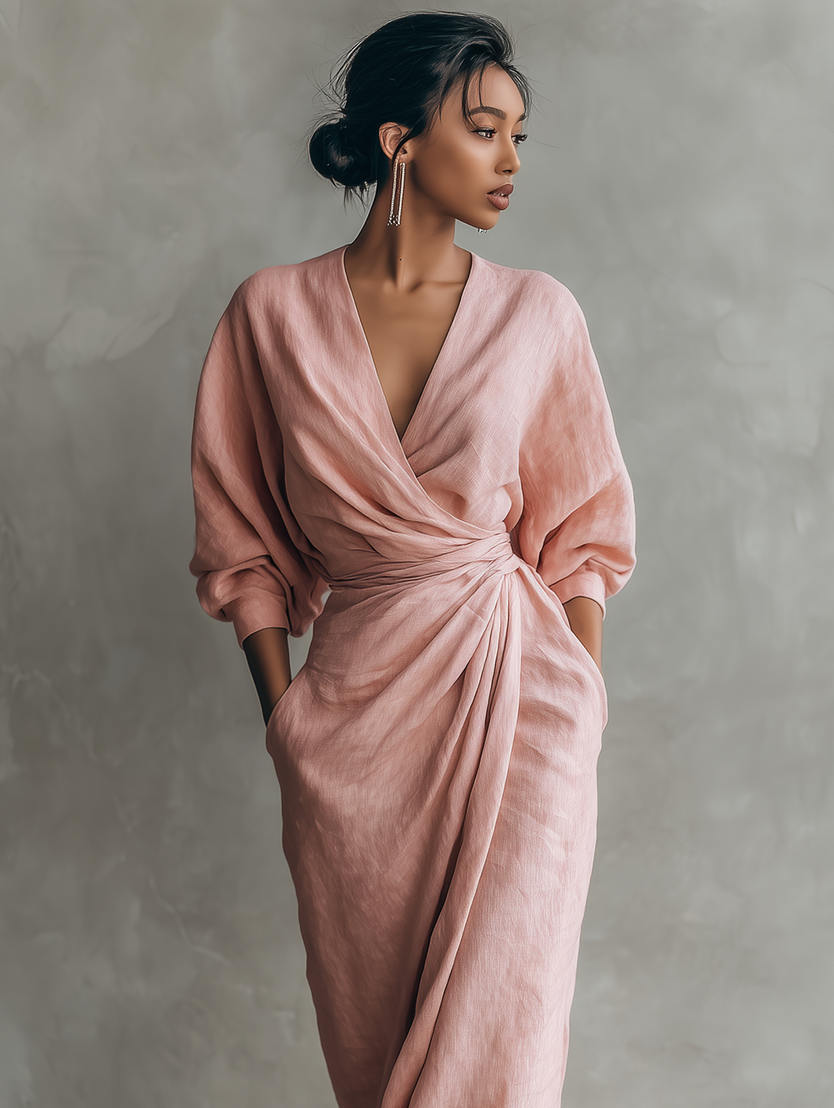 Rosa - Abito Maxi Minimalista con scollo a V em mistura di Linho da donna