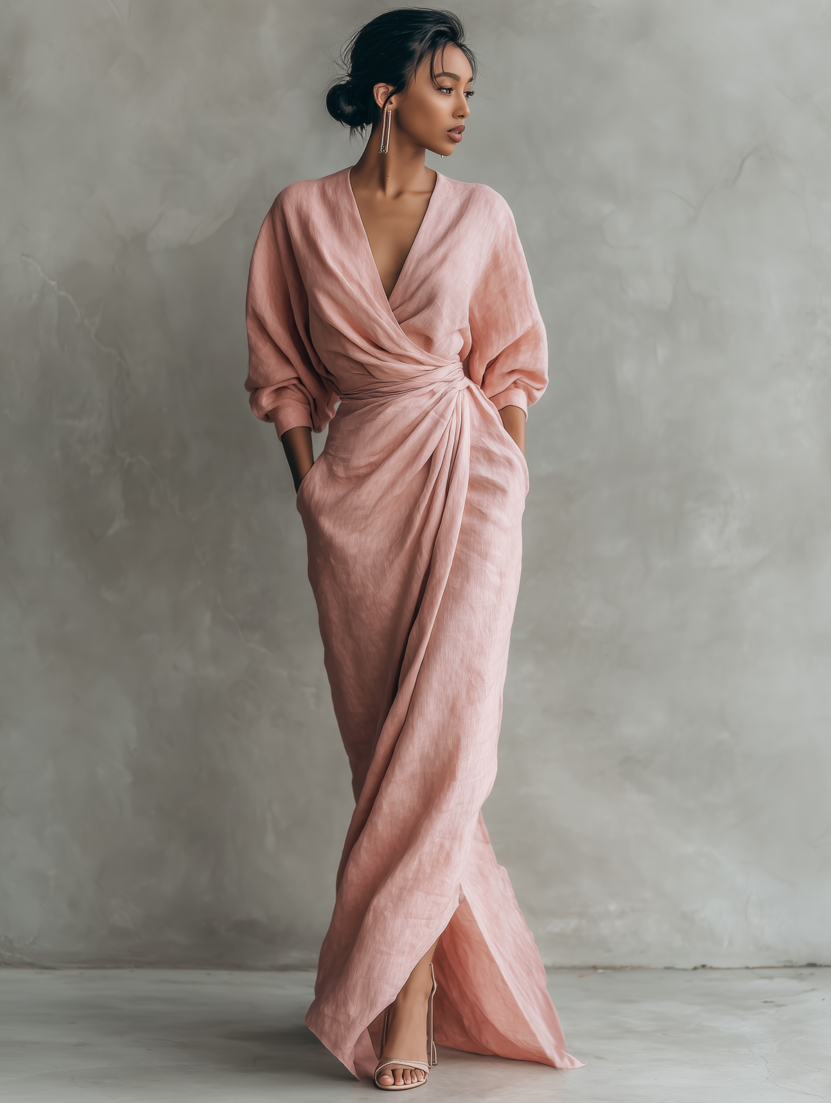 Rosa - Abito Maxi Minimalista con scollo a V em mistura di Linho da donna