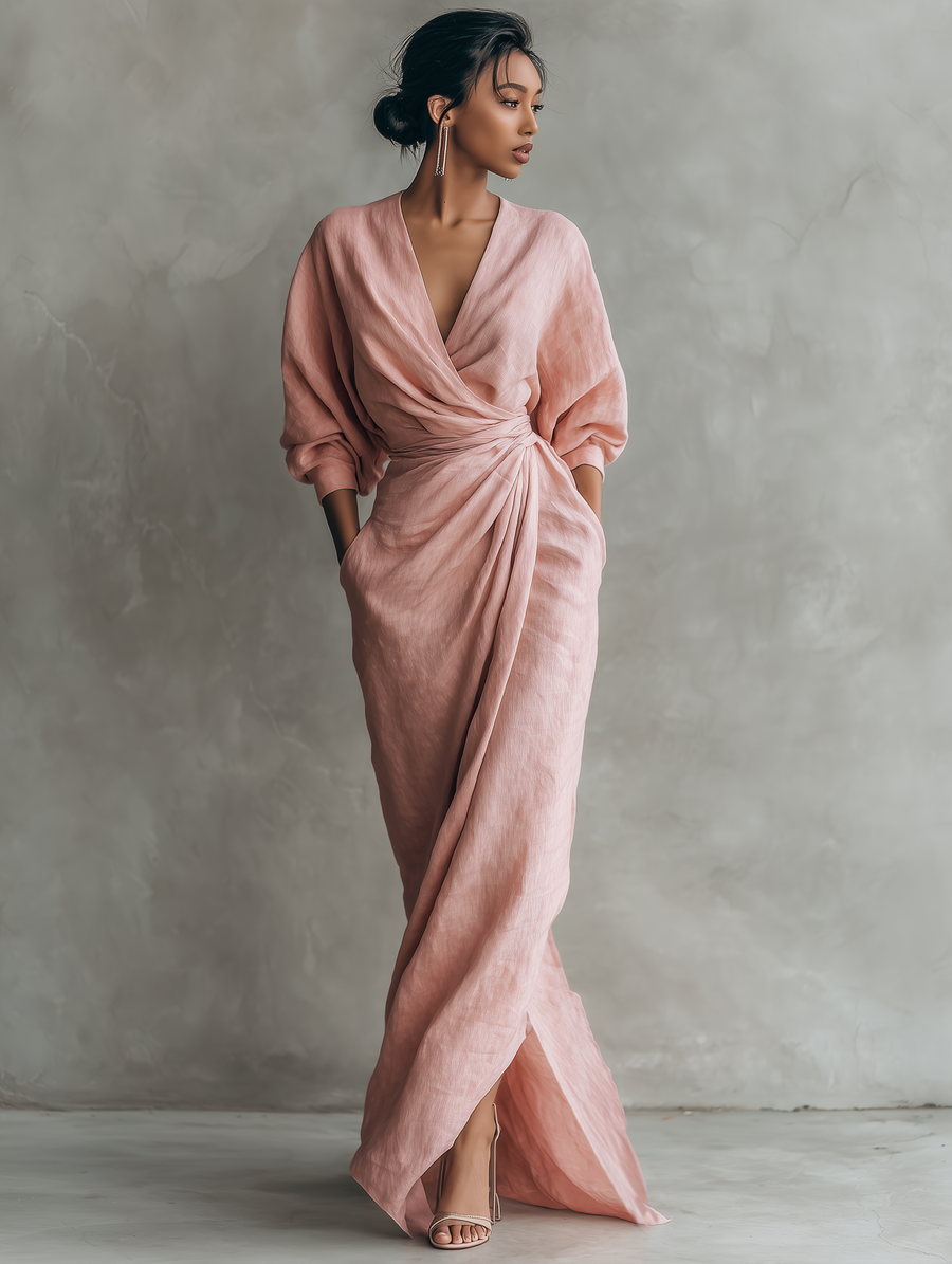 Rosa - Abito Maxi Minimalista con scollo a V em mistura di Linho da donna