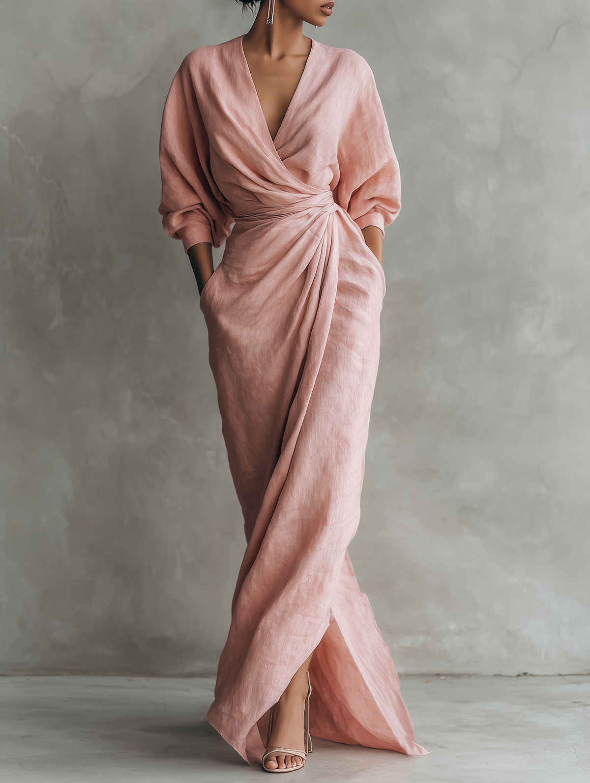 Rosa - Abito Maxi Minimalista con scollo a V em mistura di Linho da donna
