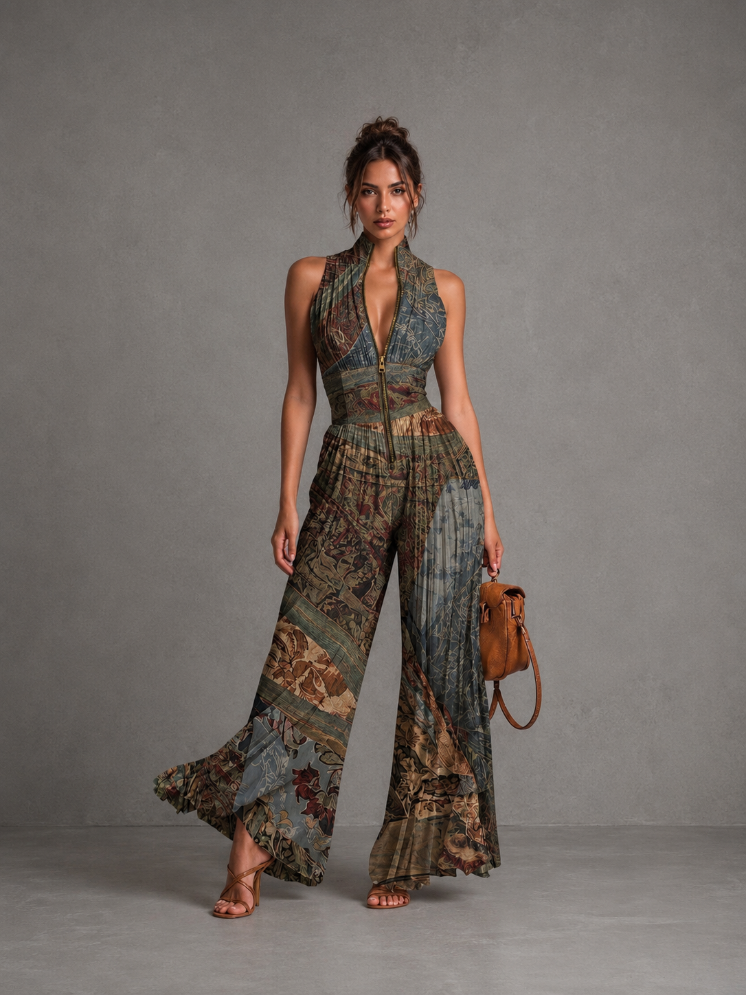 Rosario - Tuta in chiffon a taglio largo con pieghe, senza maniche, chiusura e stampa etnica bohemien per Donna