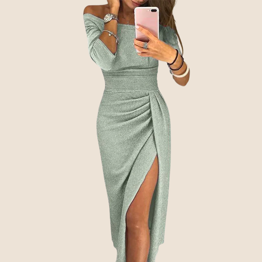 Isabeau | Abito maxi halter chic con um colorete elegante e fluido