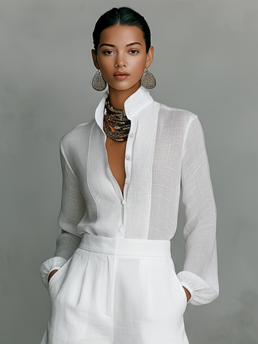 Elisabetta | Completo bianco con camicia a collo cinese e pantaloni corti per Donna