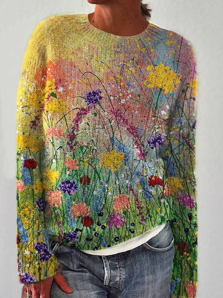 Maglione accogliente con pittura a olio di fiori