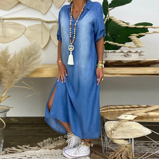 Lea | Abito lungo in look denim con spacco laterale
