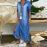 Lea | Abito lungo in look denim con spacco laterale