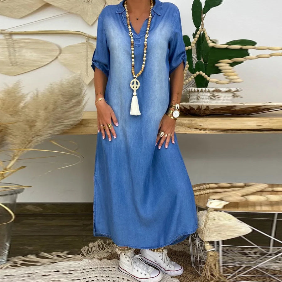 Lea | Abito lungo in look denim con spacco laterale