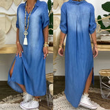 Lea | Abito lungo in look denim con spacco laterale