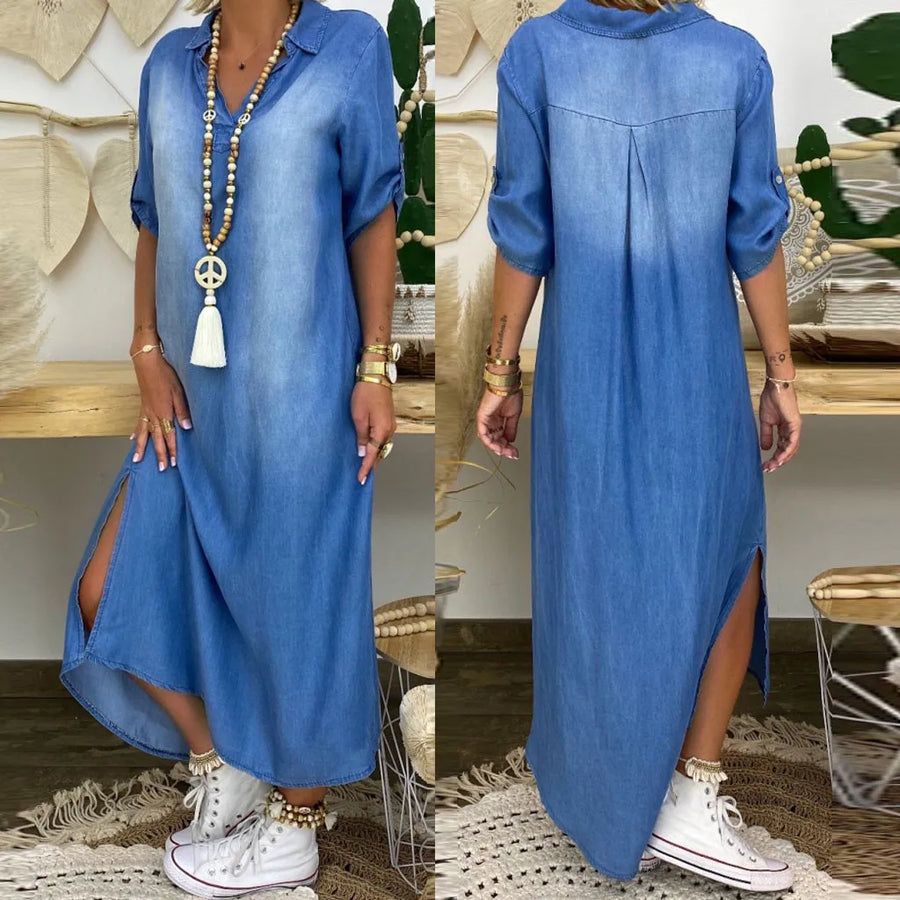 Lea | Abito lungo in look denim con spacco laterale