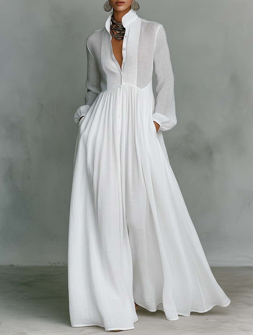 Elisa | Abito Maxi Minimalista in Cotone e Lino con Patchwork