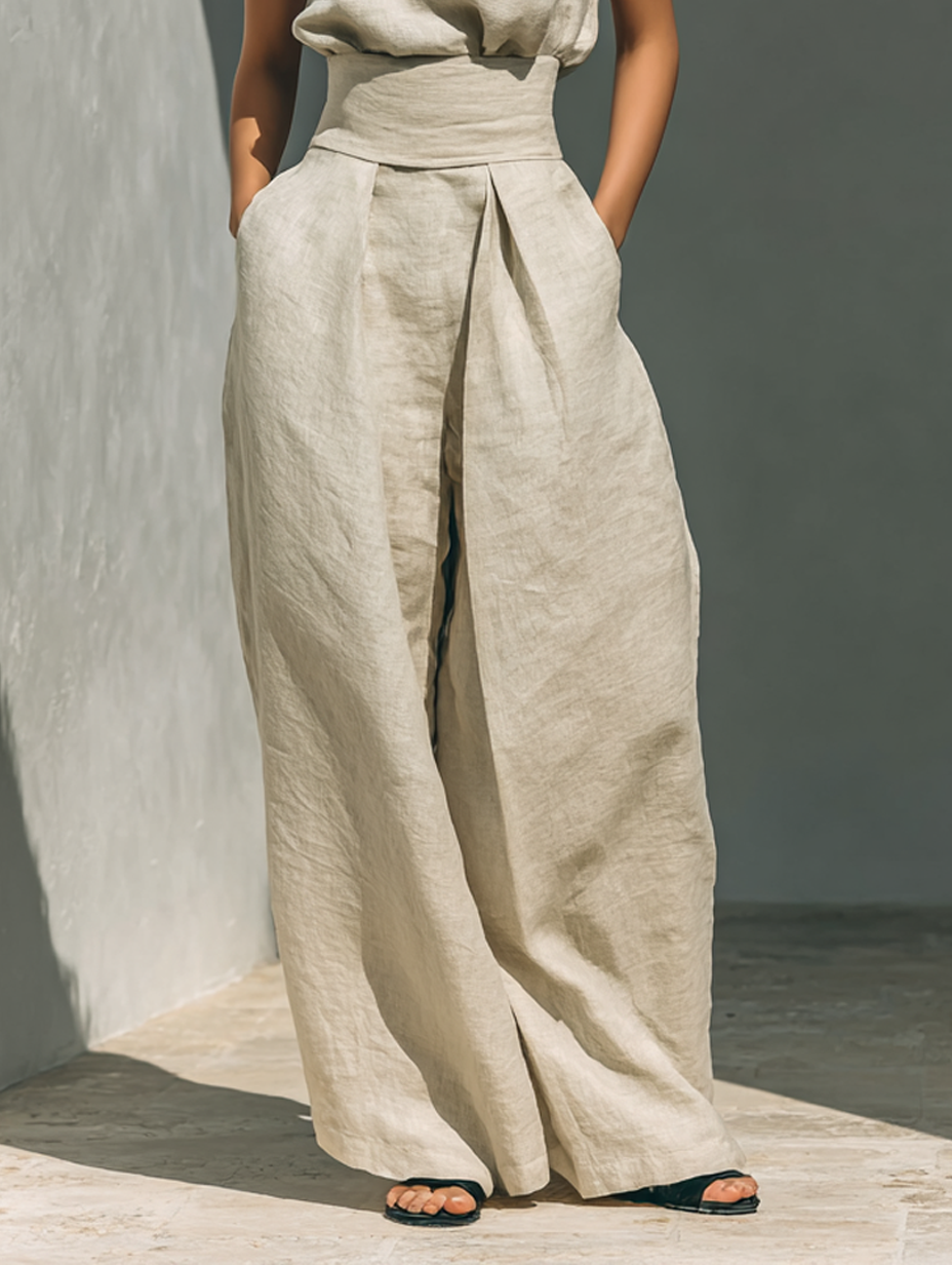 Aida - Set di Blusa Sem Maniche Pantaloni di Perna Larga in Cotone Lino Minimalista da donna