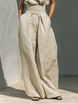 Aida - Set di Blusa Sem Maniche Pantaloni di Perna Larga in Cotone Lino Minimalista da donna