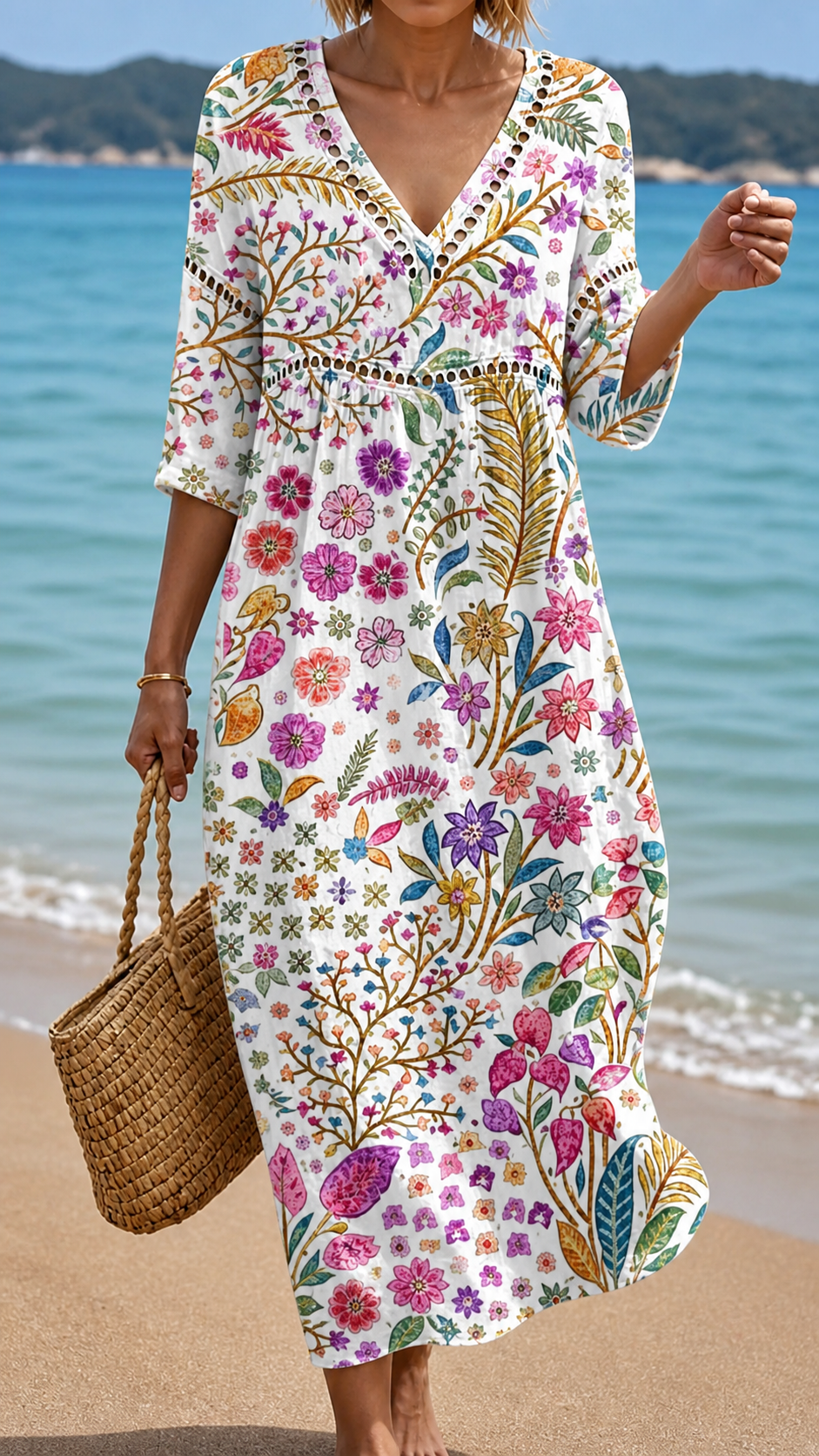 Flor - Vestito Midi Morbido con Elegante Motivo Floreale Multicolore per Donna