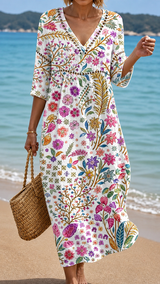 Flor - Vestito Midi Morbido con Elegante Motivo Floreale Multicolore per Donna