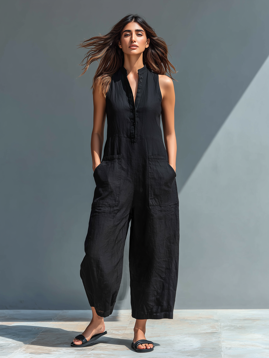 Claudia | Tuta Minimalista in Lino da Donna Senza Maniche con Collo e Bottoni