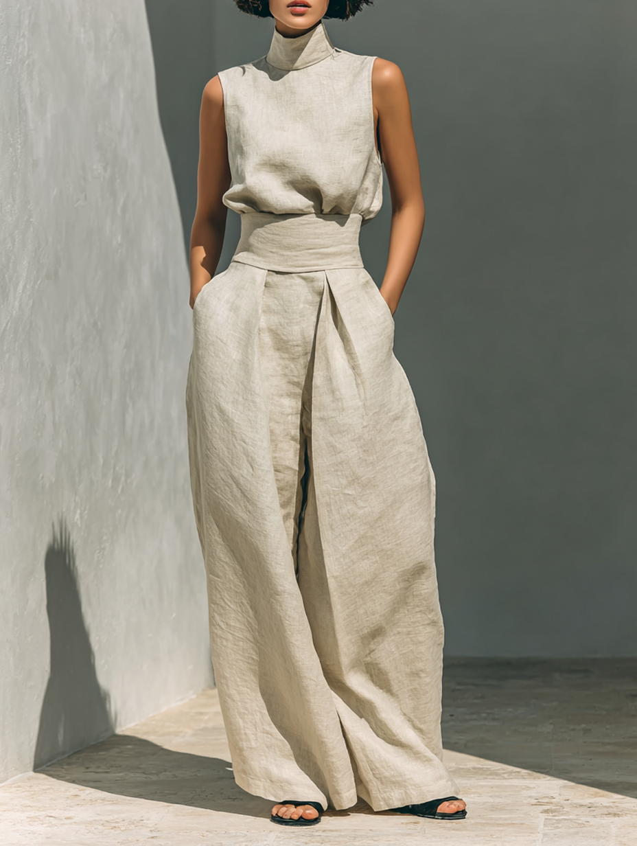Aida - Set di Blusa Sem Maniche Pantaloni di Perna Larga in Cotone Lino Minimalista da donna