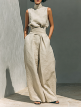 Aida - Set di Blusa Sem Maniche Pantaloni di Perna Larga in Cotone Lino Minimalista da donna