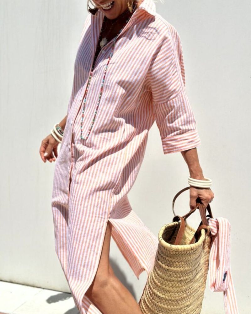 COLEN - ABITO CAMICIA DA DONNA A RIGHE CLASSICO CON PIZZO