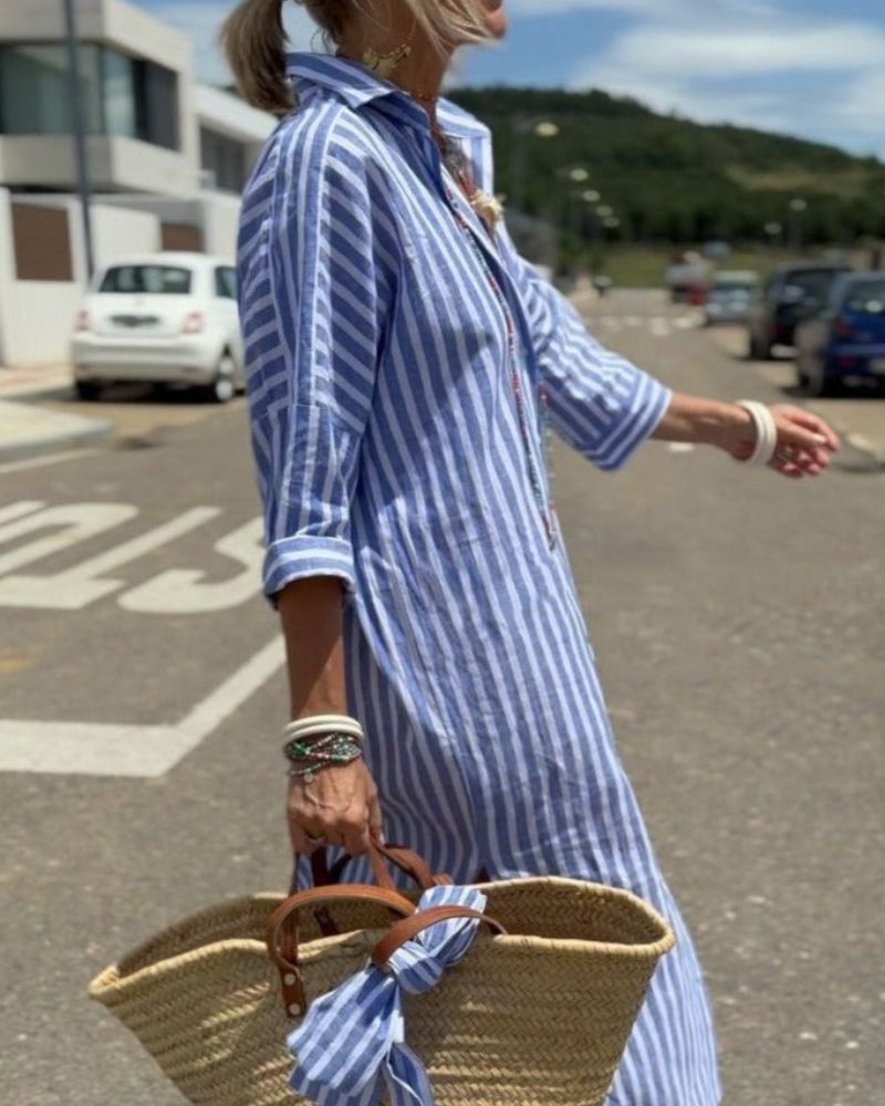 COLEN - ABITO CAMICIA DA DONNA A RIGHE CLASSICO CON PIZZO