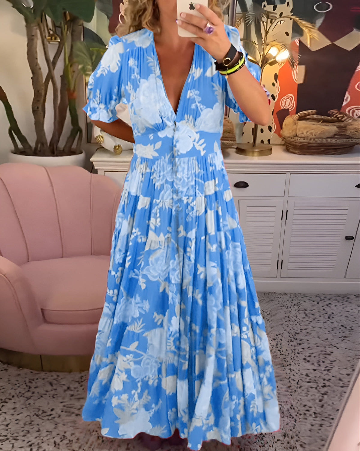 Carine | Abito con borsa e scollo a V con stampa floreale
