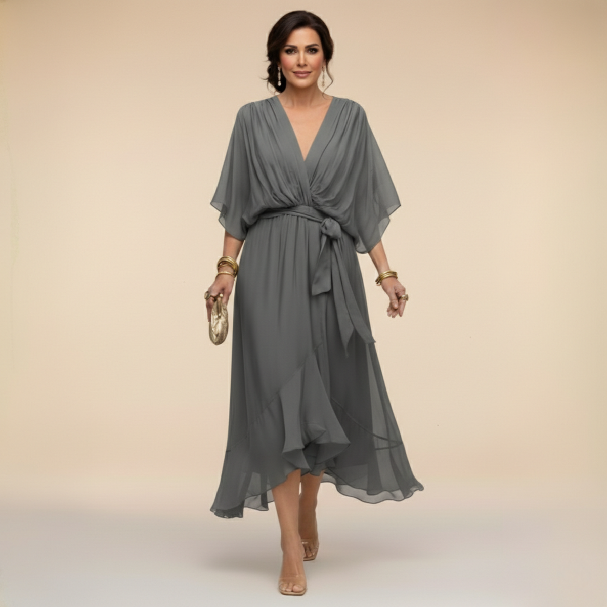 Monica - Abito em chiffon da donna con scollo a V