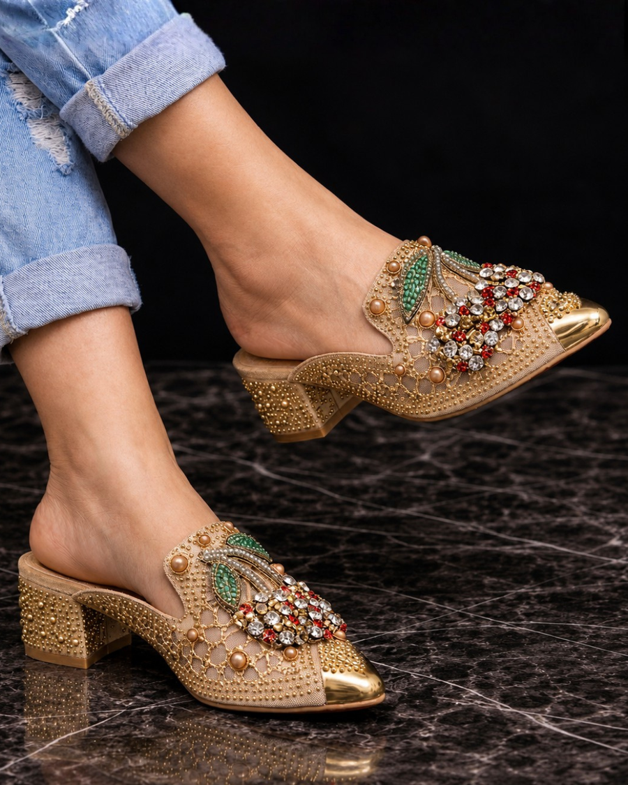 Gilda | Mule con Tacco e Cristalli e Dettaglio di Ciliegia per Donna