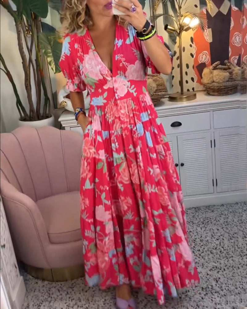 Catrisa™ - Abito con scollo a V, stampa floreale e tasche